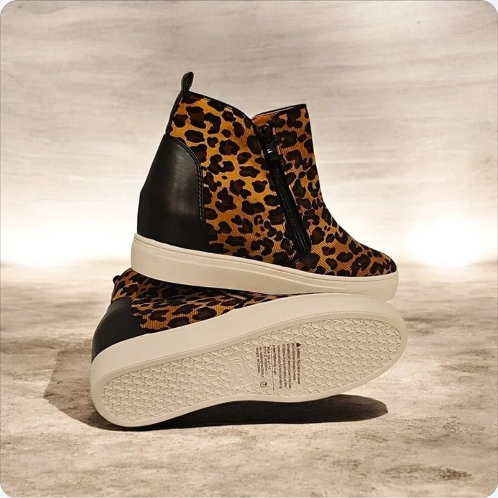 Leopard Print Side-Zip Wedge Sneakers For Women Faux Leather Upper Rubber Sole - Picture 8 of 10